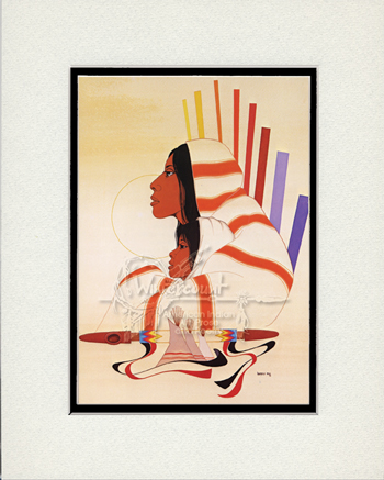 matted print of portrait of native american woman hugging young boy, side profile