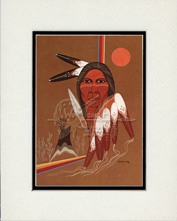 The Keeper, native american man, feathers, tipi, matted print