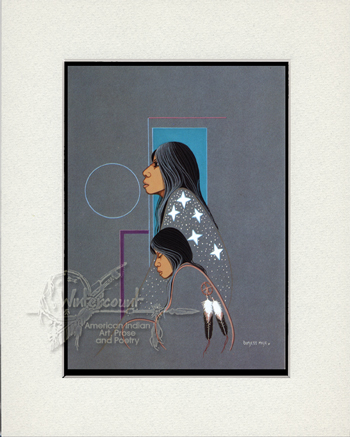 painting, profile, native american mother and child, wrapped in robes, stars, feathers