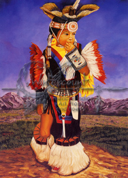 Young American Indian Boy in Fancy Dance outfit of feathers, beads and jingles